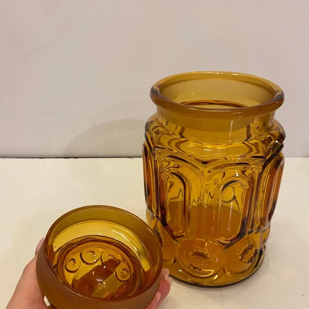 Vintage LE Smith Moon and Stars Amber Glass Cannister 9.5”